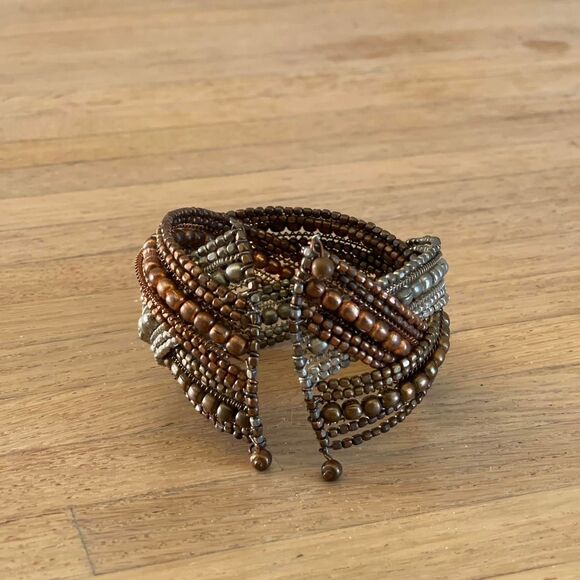 Vintage Boho Bronze Beaded Wrap Cuff Bracelet Multistrand Metal Festival Jewelry - Picture 6 of 8